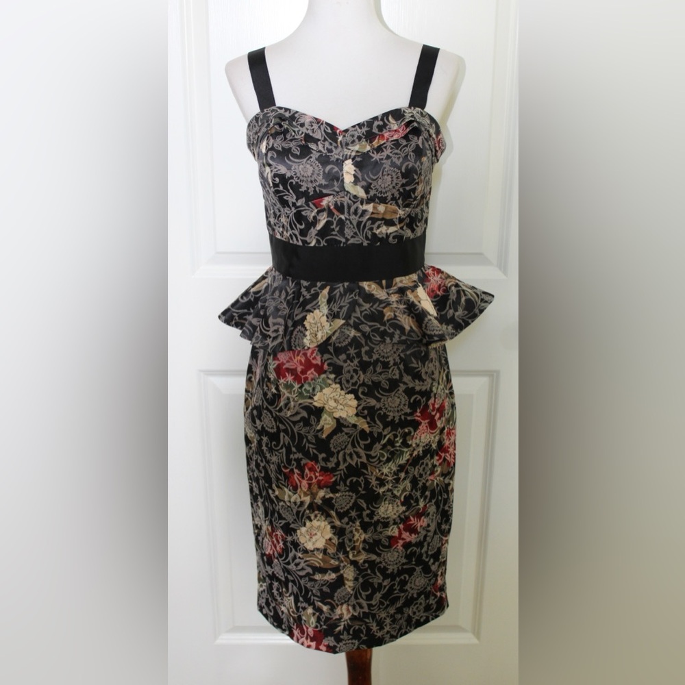 Antonio Melani "Seraphina" stretch floral jacquard peplum midi dress sz 2 retro